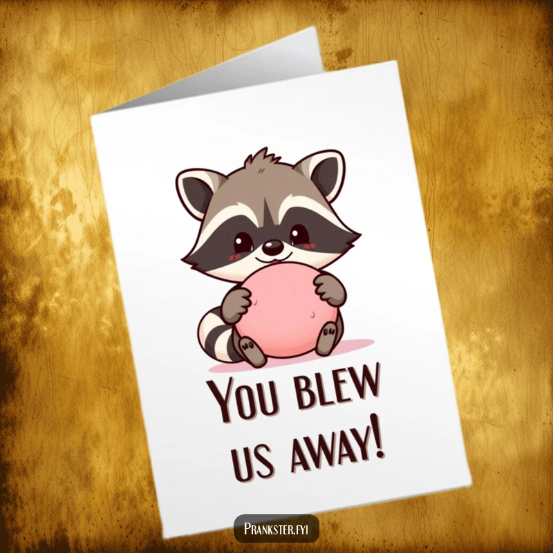 Funny Free Printable Congratulations Card: Proud raccoon holding a whoopee cushion, celebrating a cheeky victory.