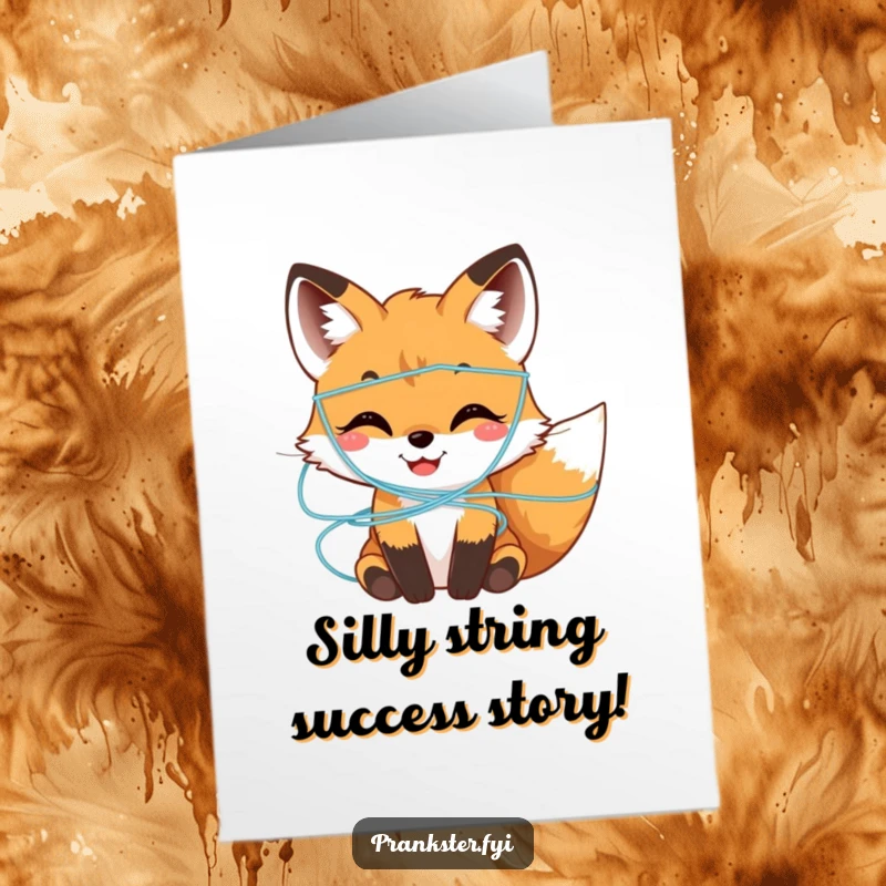 Humorous Free Printable congratulations card showing a cute fox cub playfully adorned with strands of colorful silly string, celebrating achievement.
