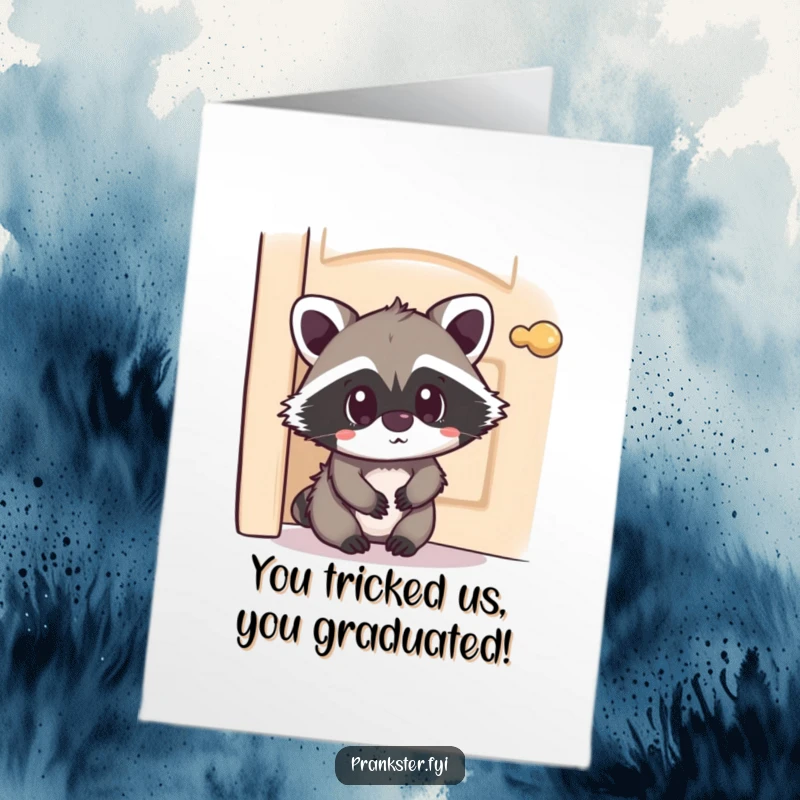 Funny Free Printable Congratulations Card with a kawaii raccoon hiding behind a door, showing a playfully surprised expression for a surprise win.