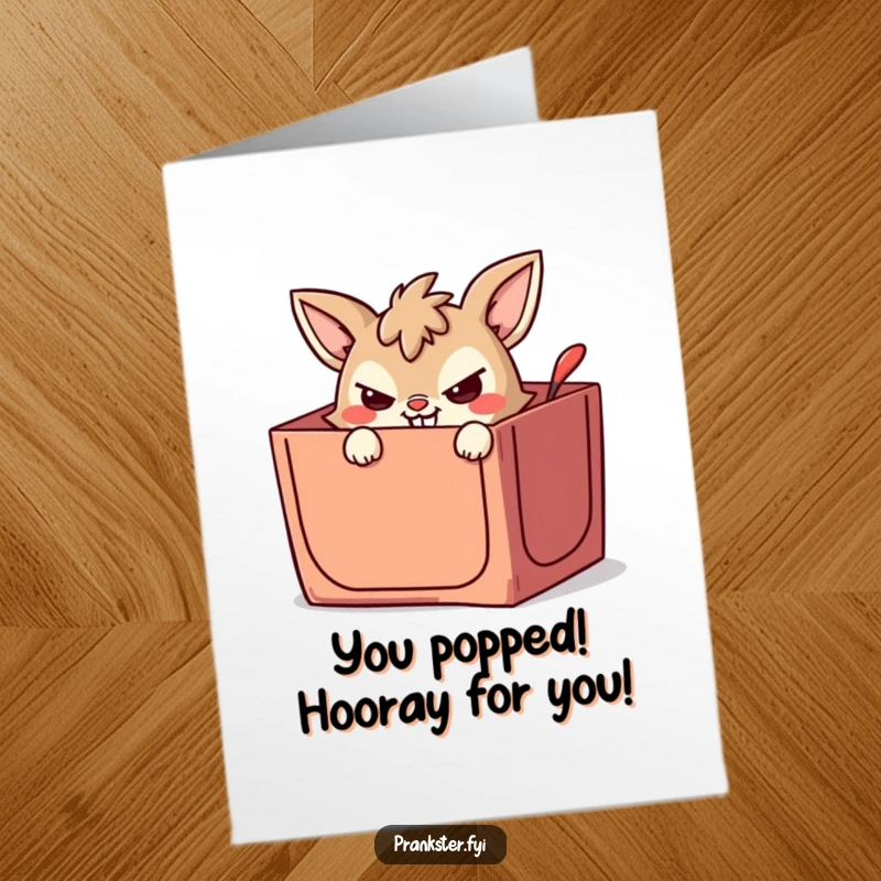 Funny Free Printable Congratulations Card with a mischievous animal peeking from a jack-in-the-box with a wicked grin.