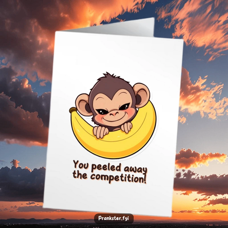 Funny Free Printable Congratulations Card: Mischievous monkey with a sly grin peeking from behind a giant banana peel. Celebrating success with humor. Download now!