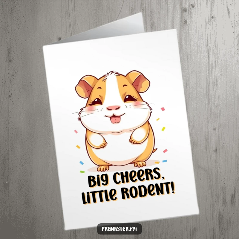 Funny Free Printable Congrats Card: Cheerful guinea pig with a sly grin hiding confetti behind its back, perfect for congratulations.