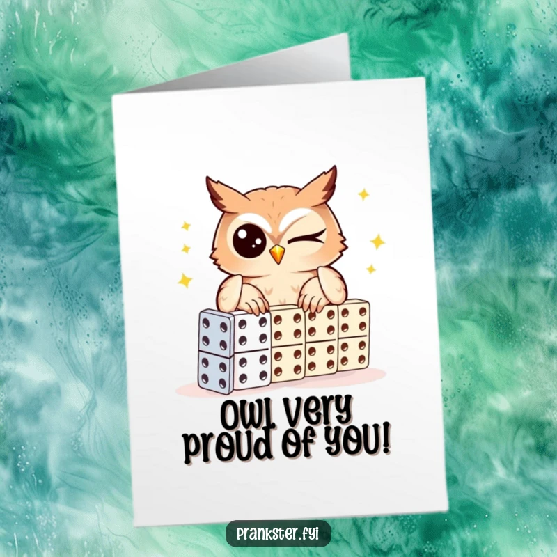 Funny Free Printable Congratulations Card of a winking owl setting up a domino chain, signifying a chain reaction of success.