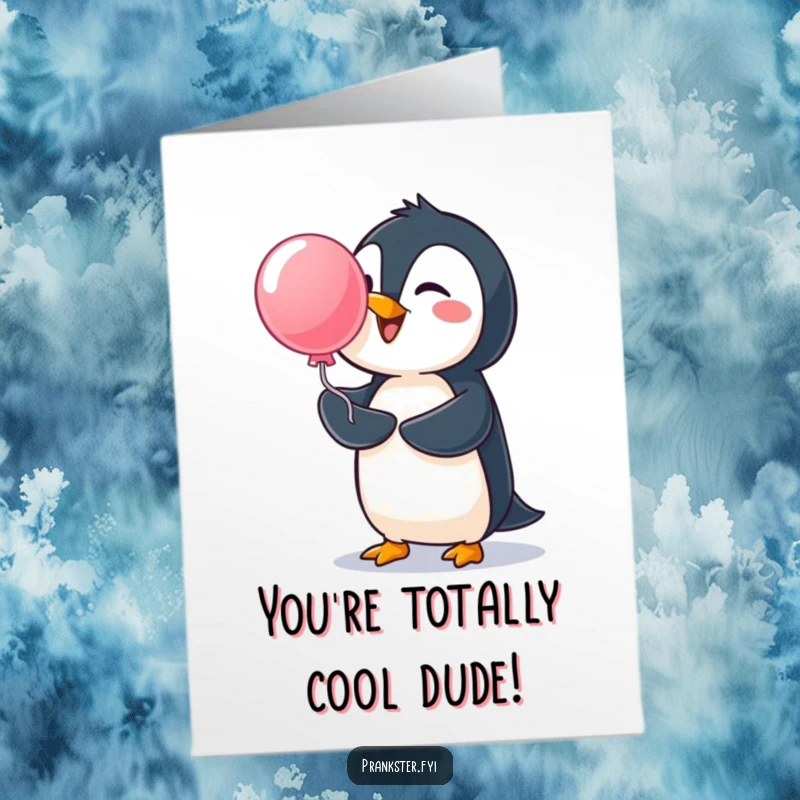 Funny Free Printable Congratulations Card of a cheerful penguin launching a water balloon, a playful and wet surprise.