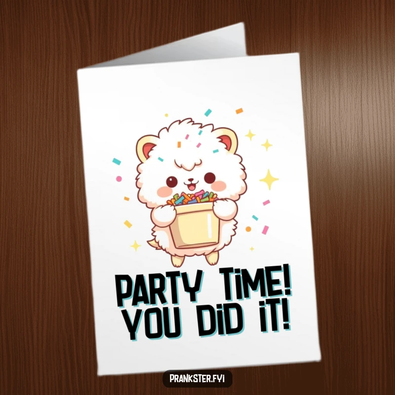 Funny Free Printable Congratulations Card: a fluffy creature gleefully showering confetti from a bucket, celebrating a big achievement.