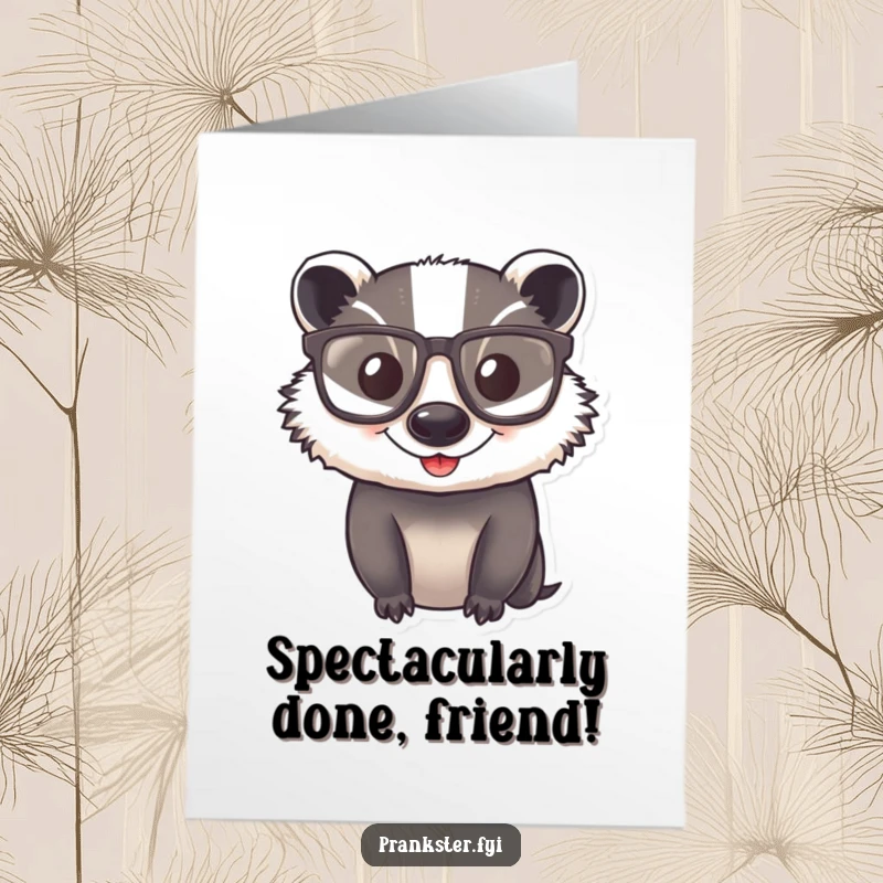 Humorous Free Printable congratulations card showing a wise-looking badger wearing oversized glasses, celebrating a brilliant achievement.