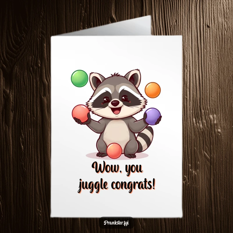 Humorous Free Printable congratulations card featuring a cheerful raccoon juggling multiple colorful balls, symbolizing a successful feat.