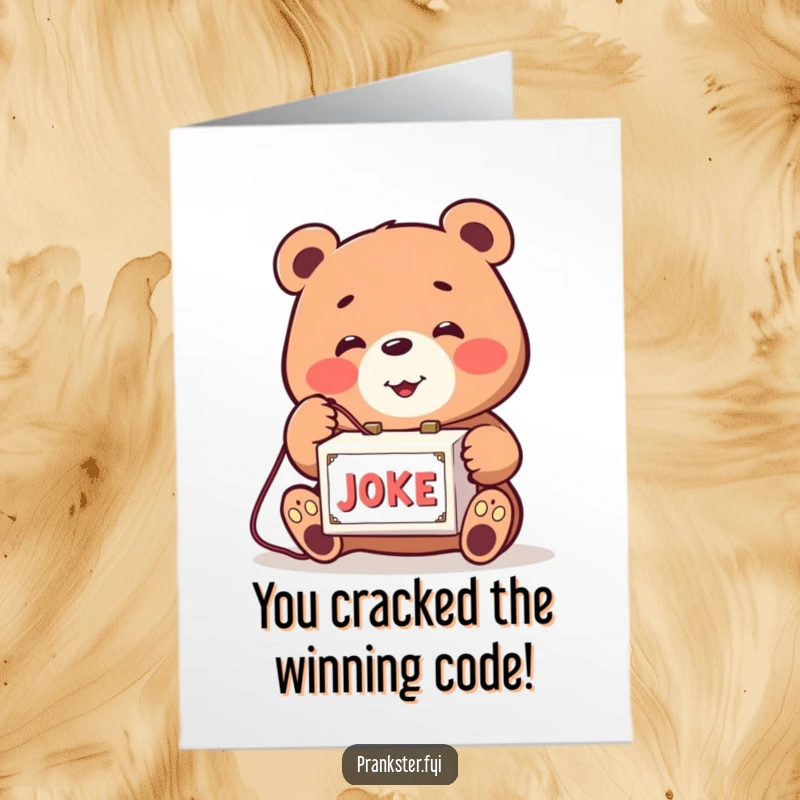 Funny Free Printable Congratulations Card: Bear playing with a joke box, ready to deliver congratulations with a laugh, a fun downloadable gift.