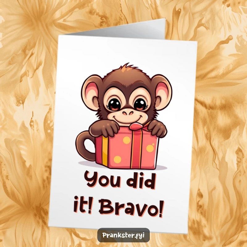 Funny Free Printable Congratulations Card: Mischievous monkey peeking out from behind a vibrant gift box, celebrating.
