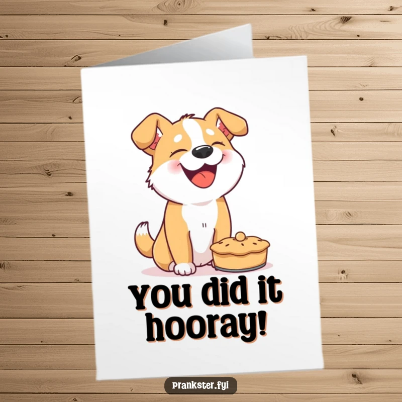 Funny Free Printable Congratulations Card of a giggling dog holding a pie, ready for a celebratory mess.