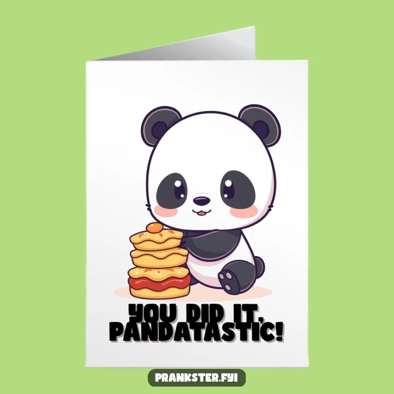 Free Printable Congrats Card: Panda Balancing Pies - Funny Downloadable for a Sweet Achievement