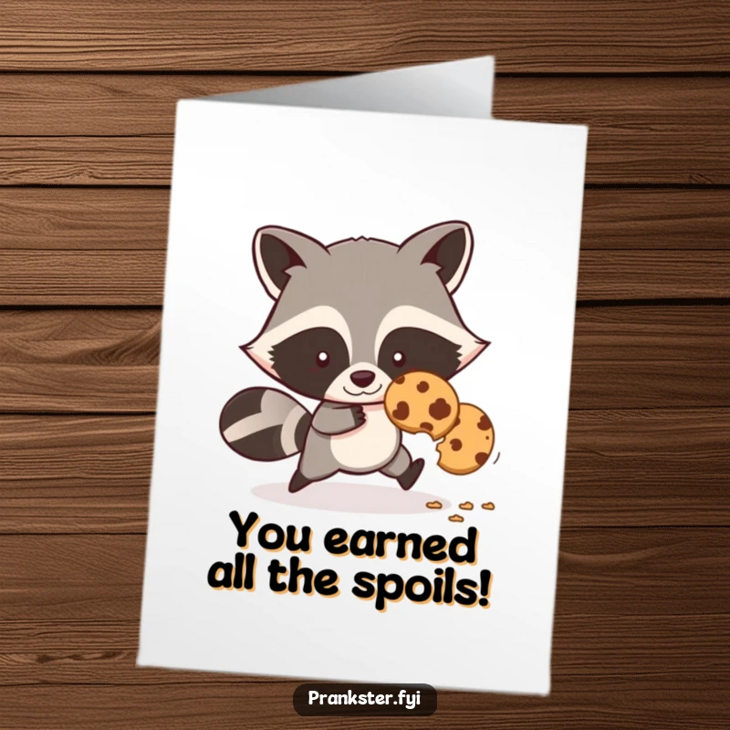 Funny Free Printable Congratulations Card: A raccoon heroically escaping with a cookie, perfect for celebrating sneaky successes.