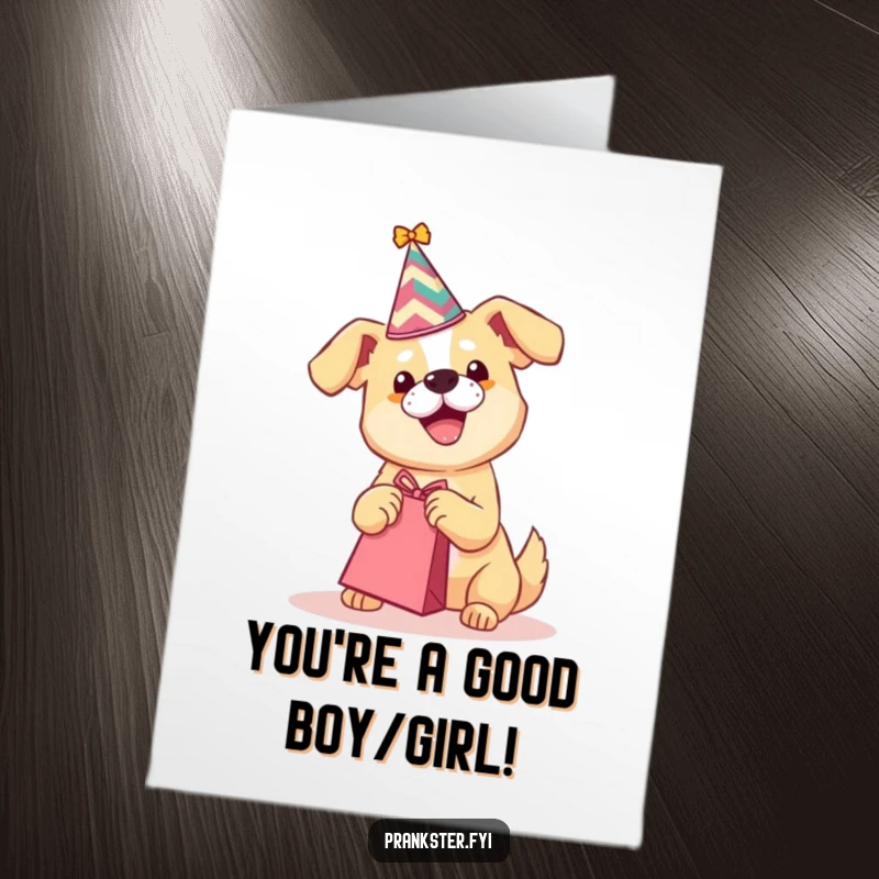 Funny Free Printable Congratulations Card: Dog wearing a party hat playfully shakes a gift bag, conveying exciting news.