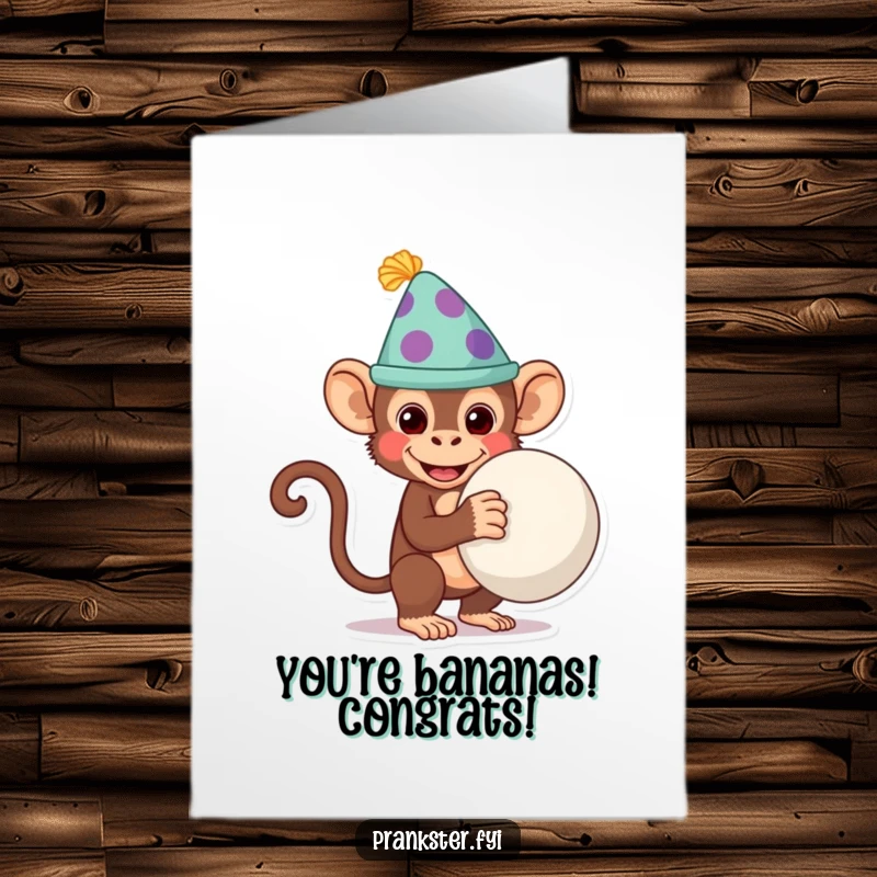 Funny Free Printable Congratulations Card: Cheeky monkey wearing a silly hat, hiding a whoopee cushion, celebrating achievements.