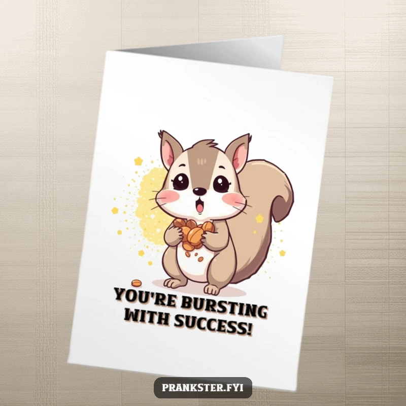Funny Free Printable Congrats Card: Amazed squirrel with overflowing cheeks of nuts, amidst a vibrant glitter explosion signifying success.