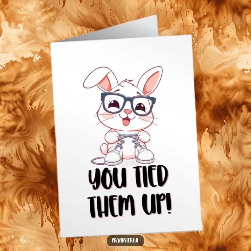 Funny Free Printable Congratulations Card: Rabbit wearing oversized spectacles tying shoelaces together, humorous congrats.