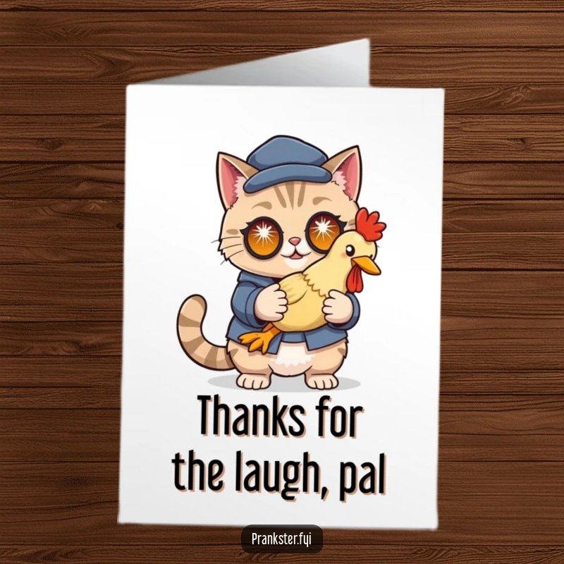 Funny free printable thank you card featuring a cunning cat in disguise, holding a rubber chicken with twinkling eyes.