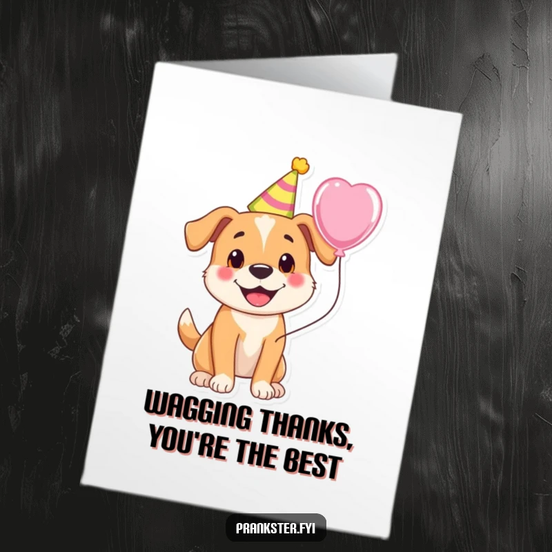 Funny Free Printable Thank You Card: A cheerful dog with a party hat and balloon, conveying thanks with a wag.