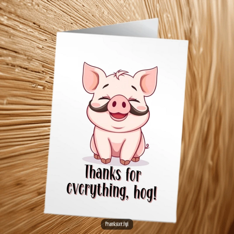 Funny Free Printable Thank You Card: A giggling piglet sporting a fake mustache, expressing thanks with delight.