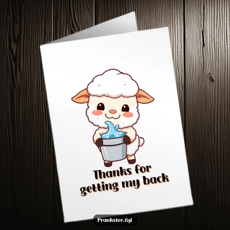 Funny Free Printable Thank You Card: Kawaii sheep holding a bucket of water with a mischievous grin, saying thanks humorously. Downloadable art.