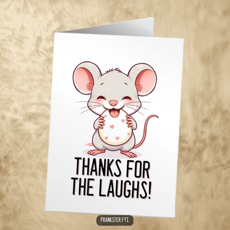 Funny Free Printable thank you card of a cheeky mouse gleefully presenting a tiny whoopee cushion, offering a humorous thank you.