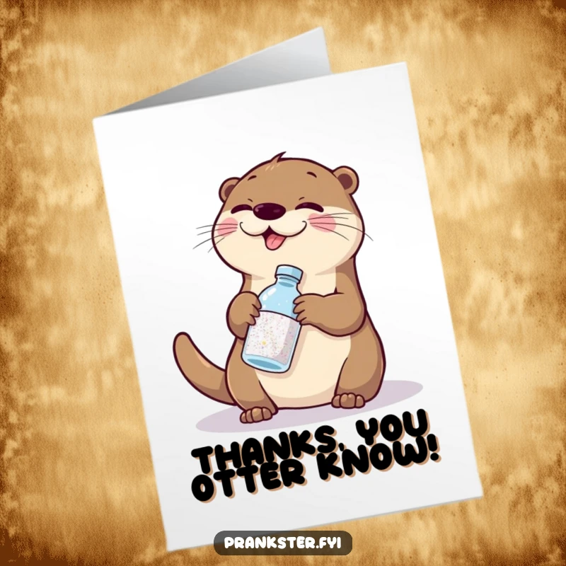 Funny free printable thank you card featuring a giggling otter swapping glitter for water, spreading humorous gratitude with a shimmer.