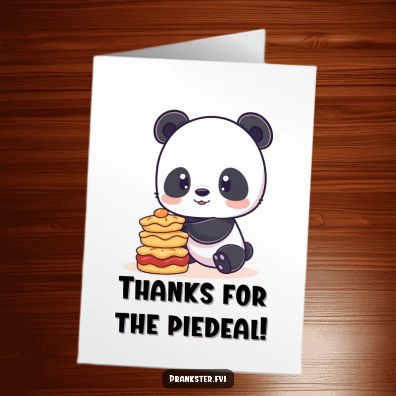 Funny Free Printable Thank You Card: Playful panda struggling to balance a large stack of tempting pies.