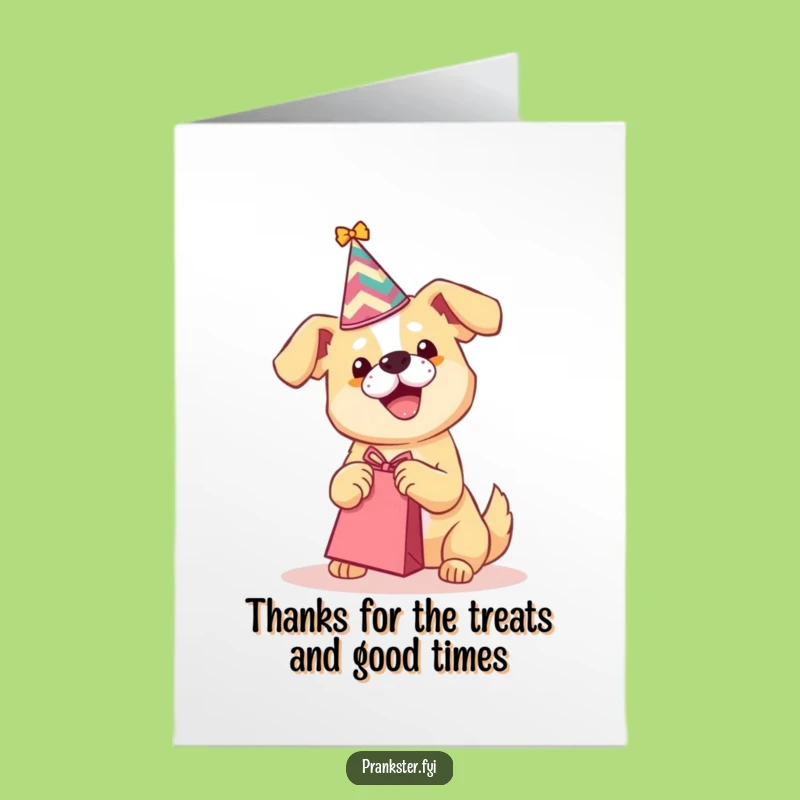 Free Printable Thank You Card: Playful Dog with Hat & Gift Funny Downloadable