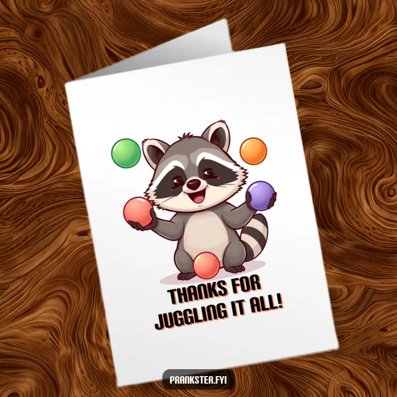 Funny Free Printable thank you card of a skilled raccoon juggling colorful balls with a friendly expression, conveying thanks.