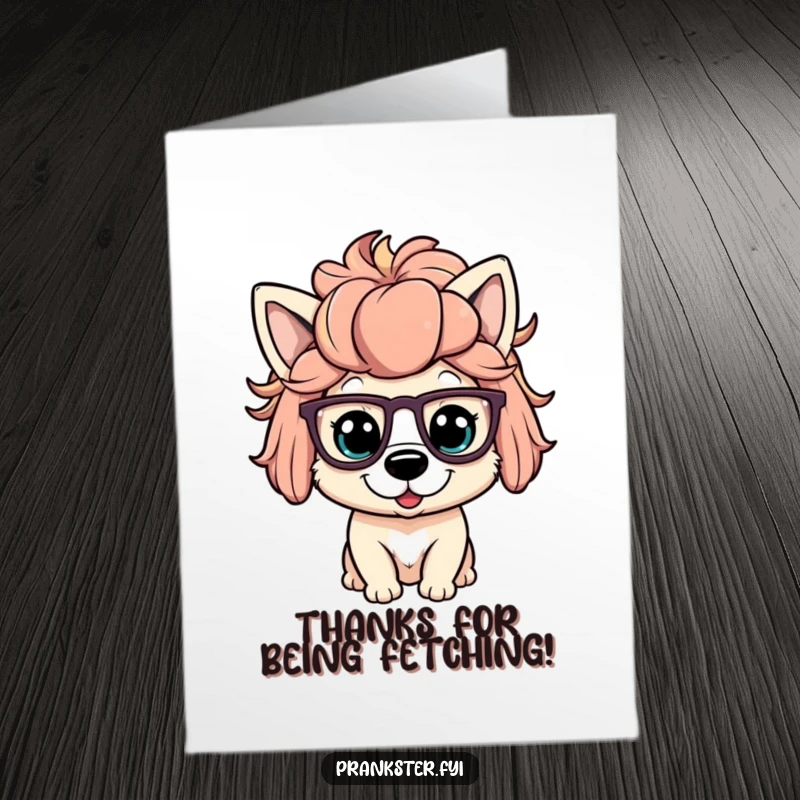 Funny Free Printable Thank You Card: Playful dog wears a goofy wig and big glasses.