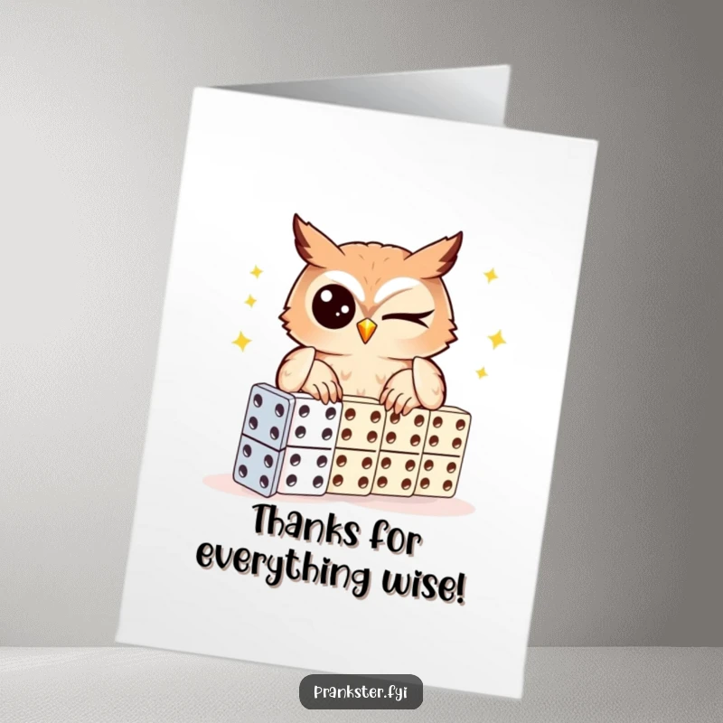 Funny Free Printable Thank You Card of a winking owl setting up a domino chain, a clever way to show appreciation.