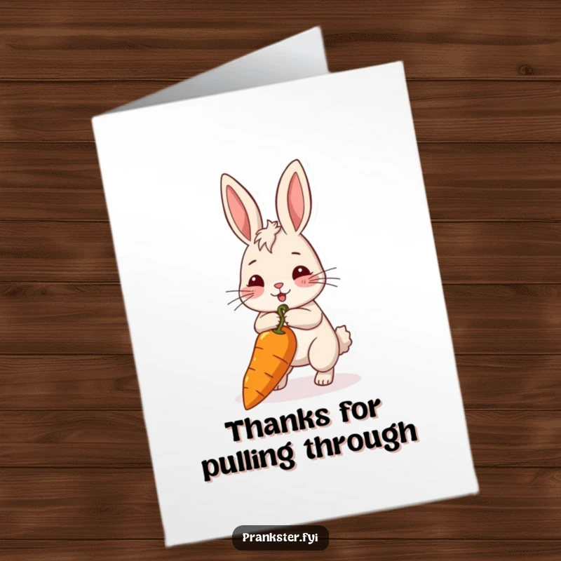 Funny Free Printable Thank You Card: Rabbit gleefully pulling a long string connected to a carrot, representing a reward for help.