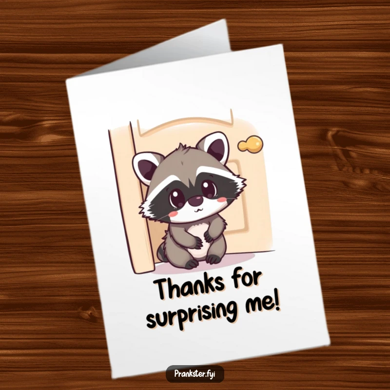 Funny Free Printable Thank You Card featuring a kawaii raccoon peeking with a playfully surprised expression, a sweet way to say thanks.