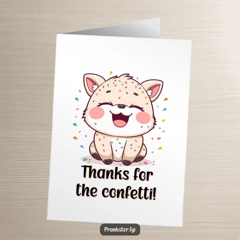 Funny Free Printable Thank You Card featuring a laughing animal adorned with confetti and a mischievous sparkle.