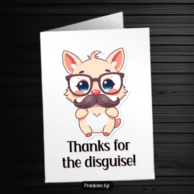 Funny Free Printable Thank You Card of a delighted animal wearing big glasses and holding a fake mustache for a humorous touch.