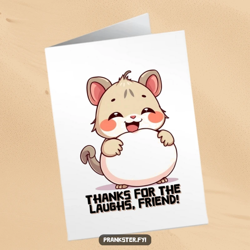 Funny Free Printable Thank You Card: a creature grinning mischievously while concealing a whoopee cushion, offering thanks with a side of humor.