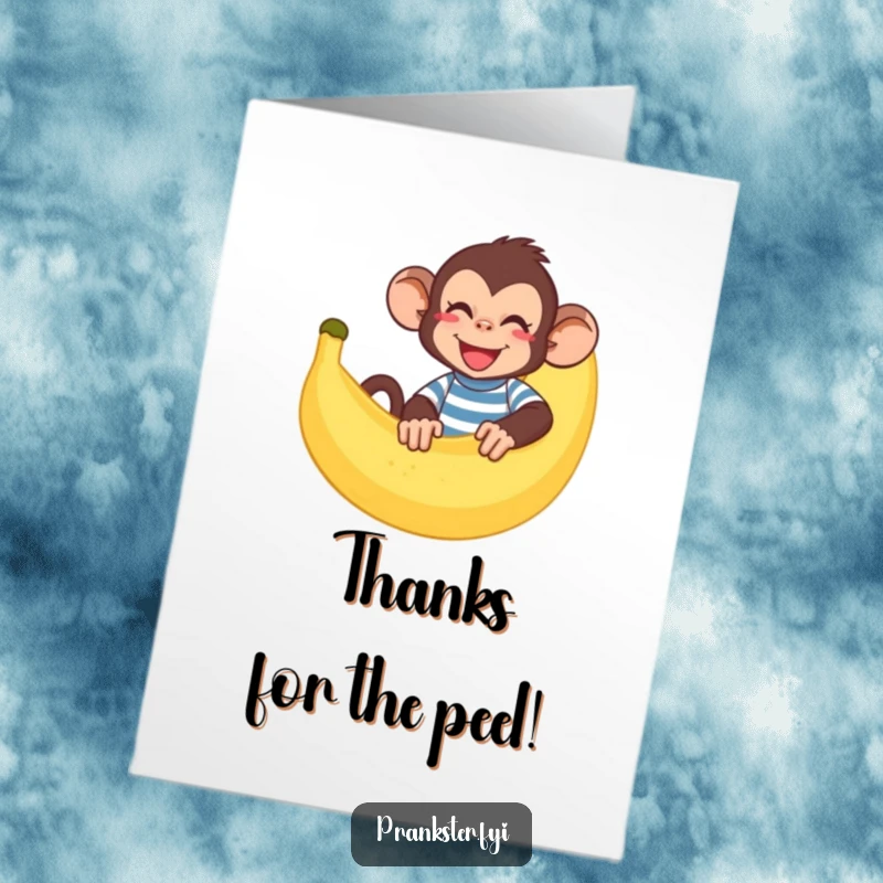 Funny Free Printable Thank You Card: Giggling monkey hiding behind a banana peel, humorous thank you.