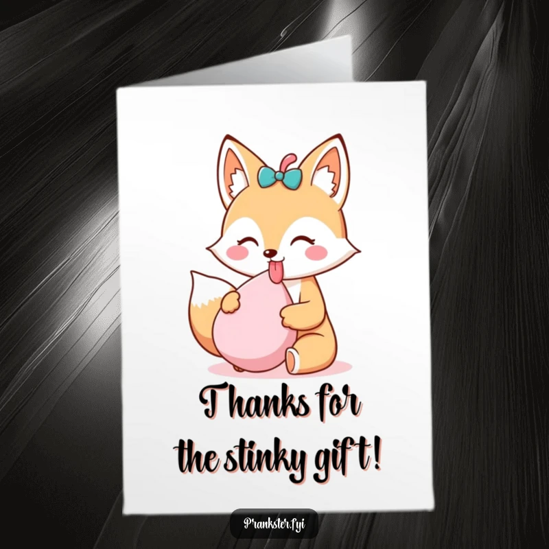 Funny Free Printable Thank You Card showcasing a kawaii fox sticking out its tongue with a whoopee cushion, perfect for a humorous thank you.