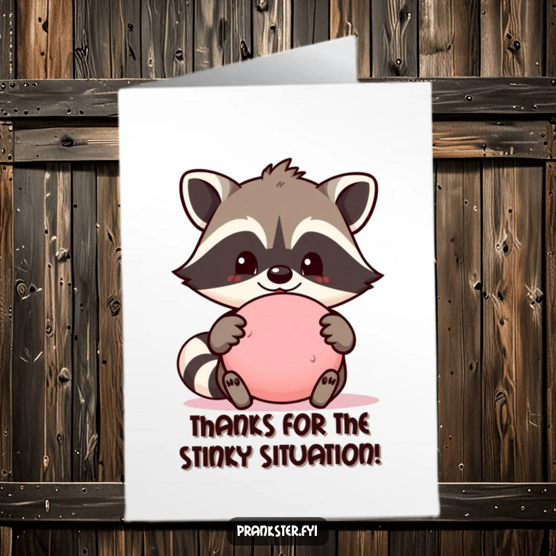 Funny Free Printable Thank You Card: Smiling raccoon proudly displays a whoopee cushion as a token of thanks.