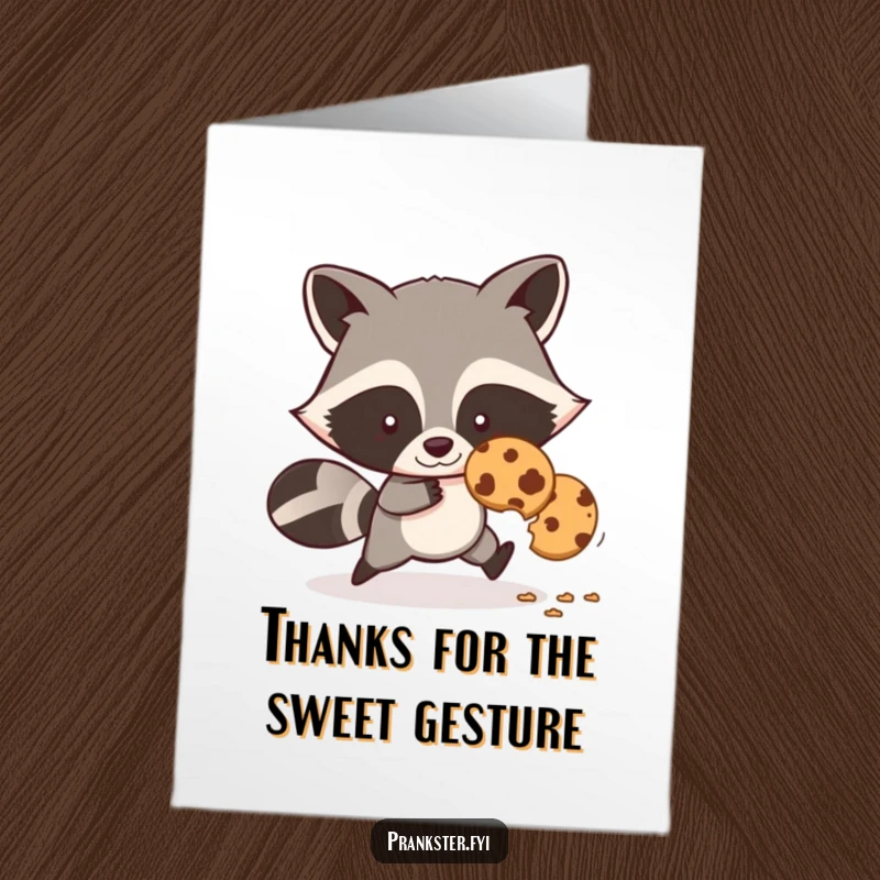 Funny Free Printable Thank You Card: A sneaky raccoon caught mid-cookie theft, offering thanks with a playful wink.