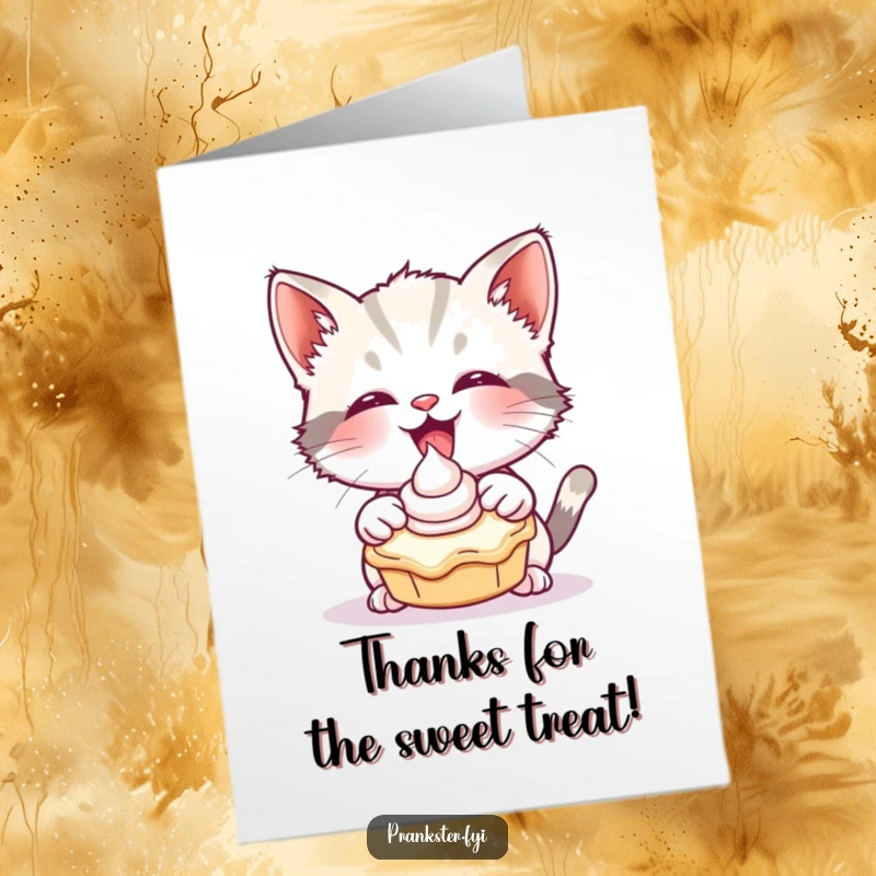 Funny Free Printable Thank You Card: A kitten gleefully throwing a cream pie, a whimsical and fun message.