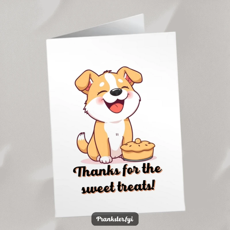 Funny Free Printable Thank You Card of a giggling dog with a pie, offering thanks with a playful, messy twist.