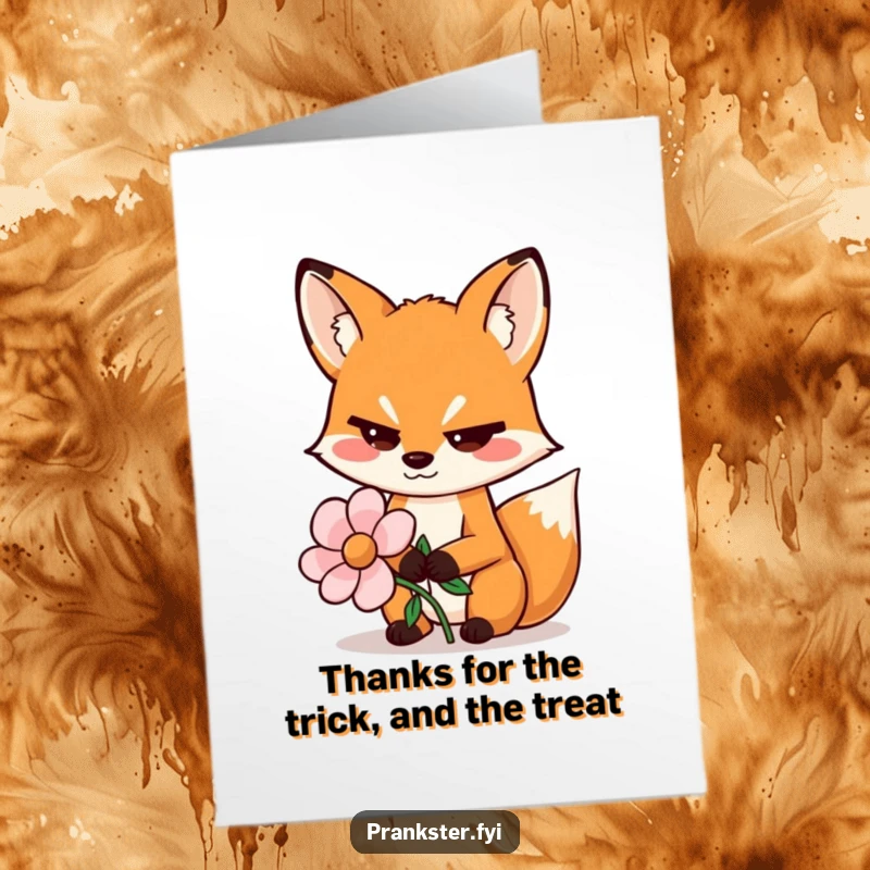 Funny Free Printable Thank You Card: Sly fox wiggles eyebrows, offering a fake flower as a playful expression of thanks.