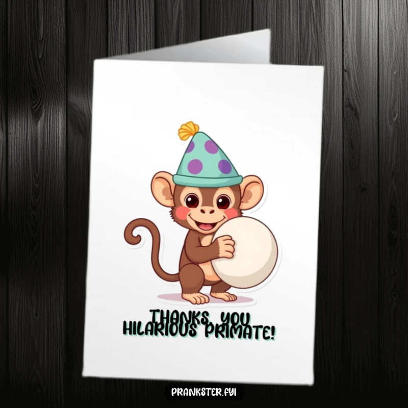 Funny Free Printable Thank You Card: Cheeky monkey in a silly hat holding a whoopee cushion behind its back, expressing thanks.