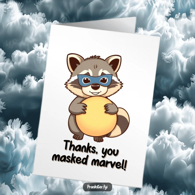 Funny free printable thank you card: a mischievous raccoon wearing a mask holds a whoopee cushion, offering thanks with a humorous prank.