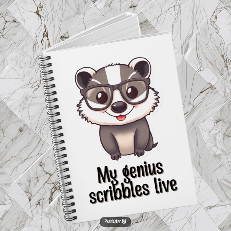 Funny Notebook cover featuring a happy badger wearing comically large glasses, inspiring intelligence and amusement.
