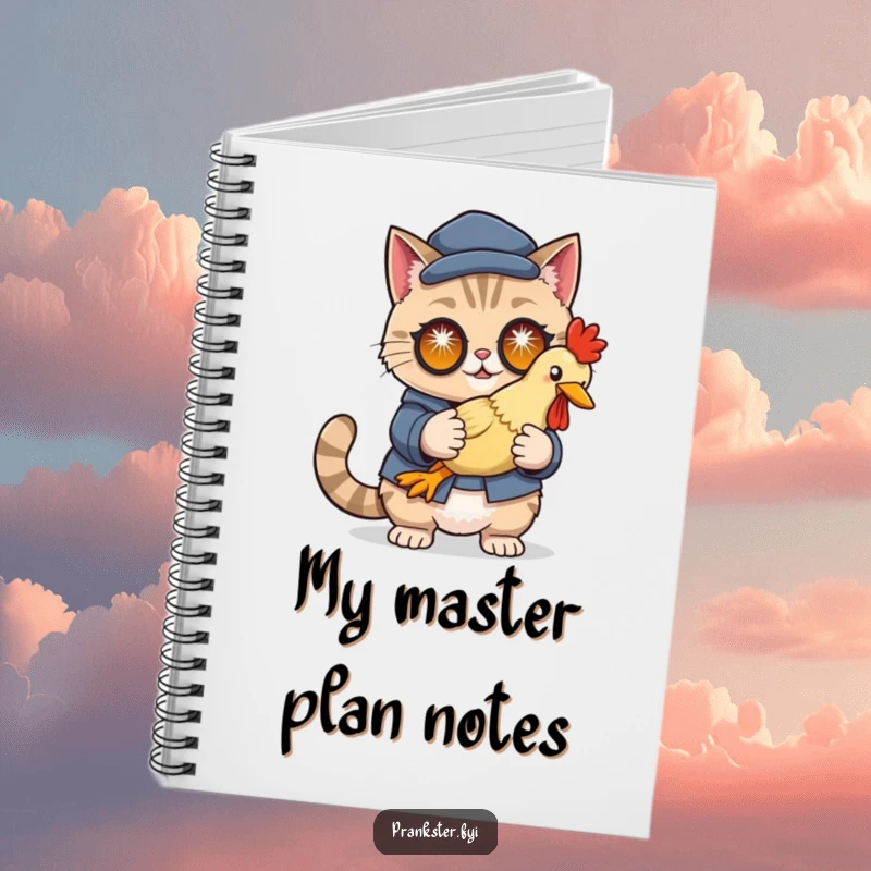 Funny notebook featuring a cunning cat in disguise holding a rubber chicken with sparkling eyes, for jotting down secret plans.