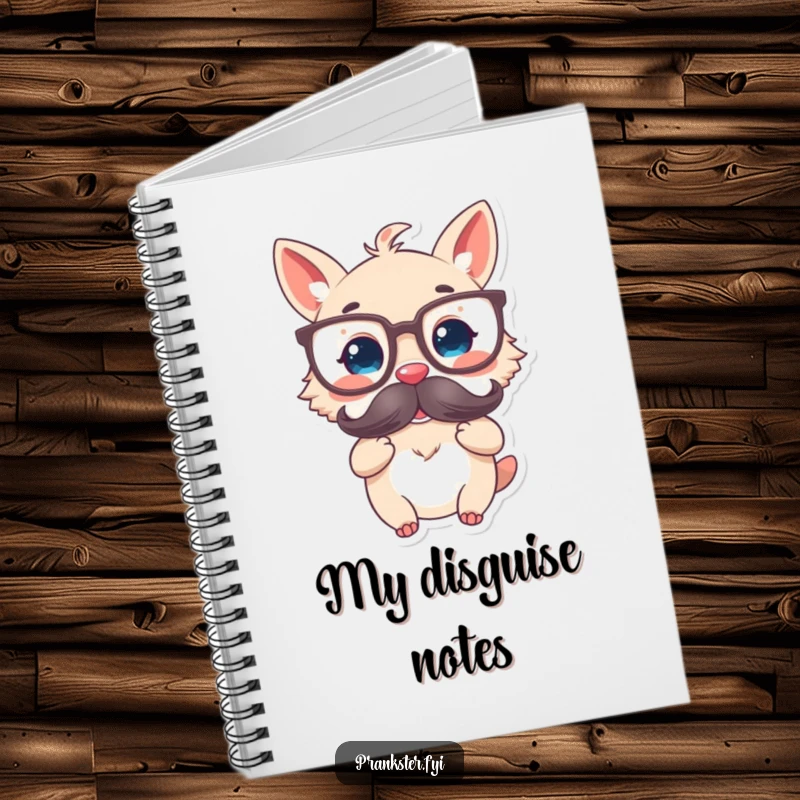 Funny notebook featuring a delighted animal character in oversized glasses and holding a fake mustache, ideal for clever notes.