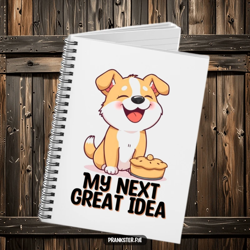 Funny dog notebook, lined journal with a giggling dog about to throw a pie, for writing and creative ideas.