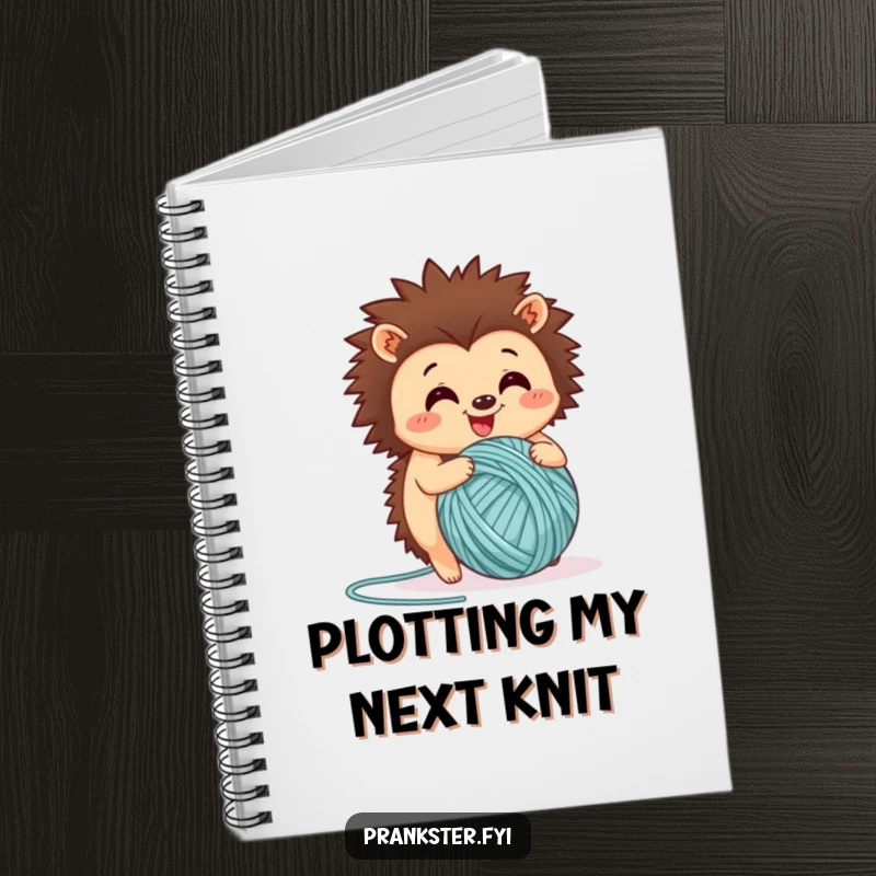 Funny notebook cover featuring a happy hedgehog rolling a ball of yarn, symbolizing creativity and playful organization.